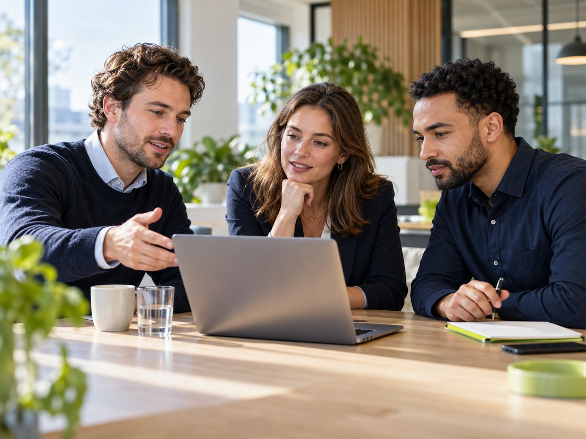 Fachleute besprechen eine Softwaredemonstration am Laptop